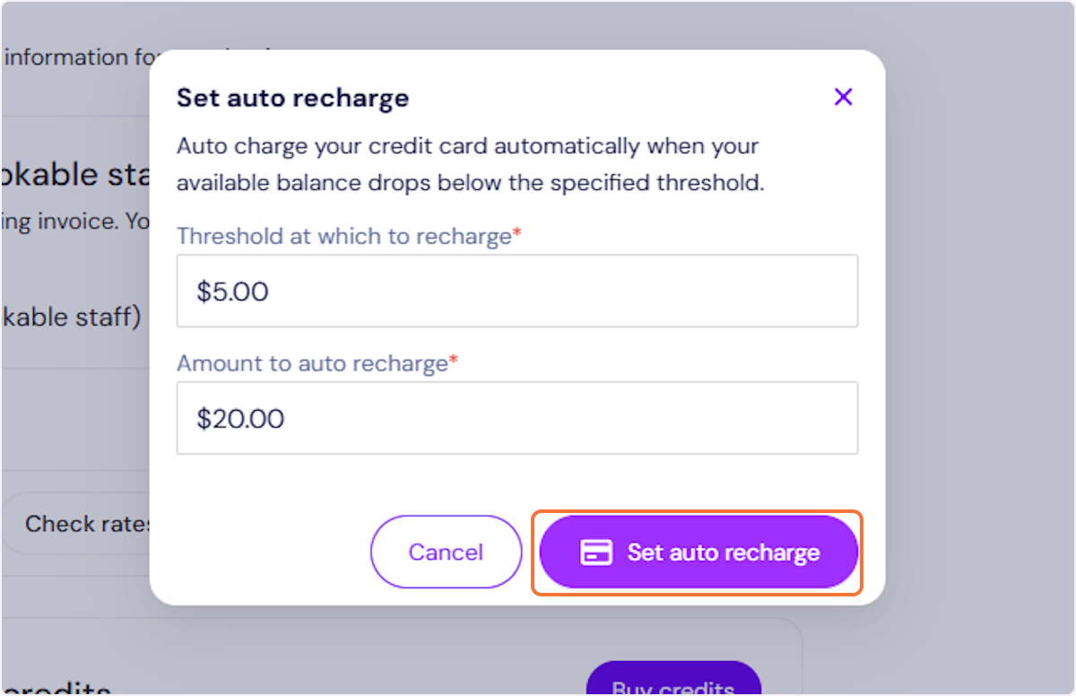 Type in amounts for auto recharge.