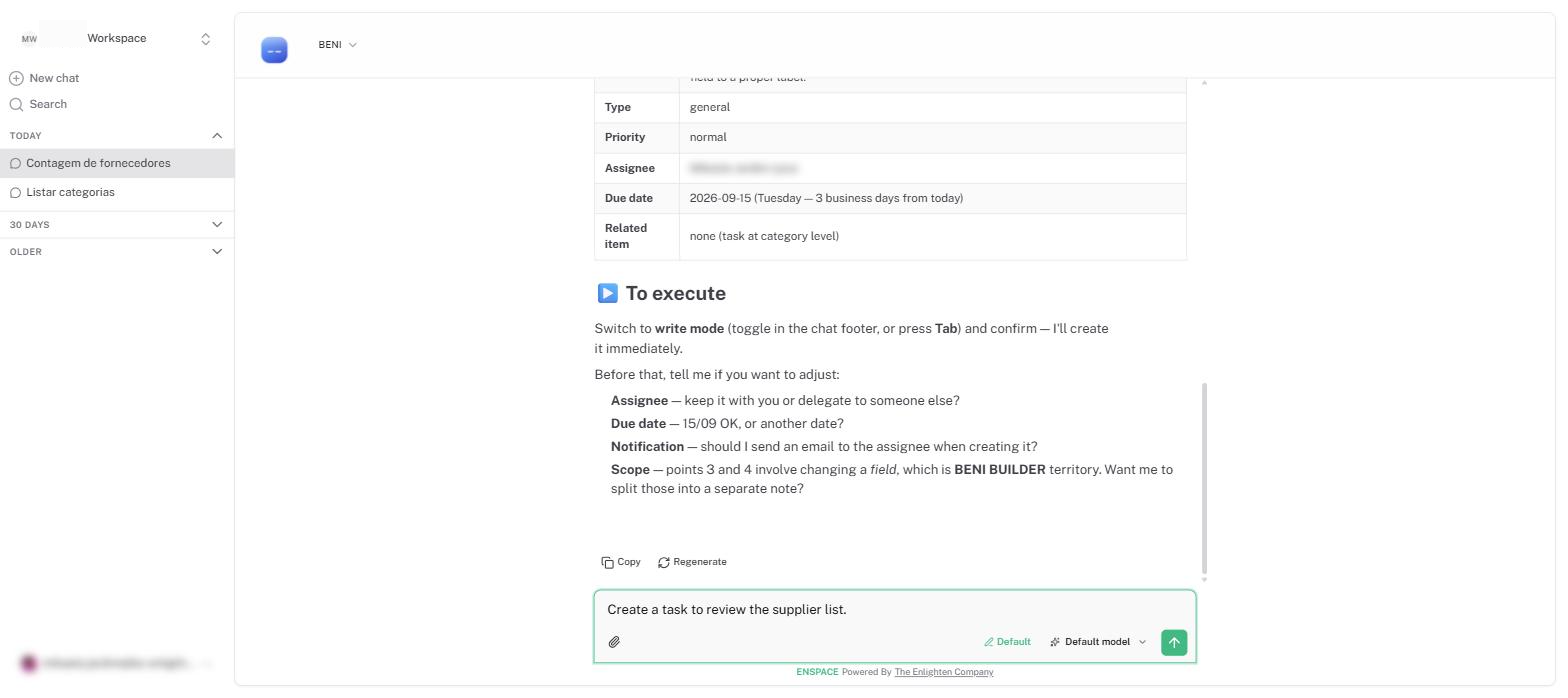 Go back to Default and repeat the request for Beni to run it.