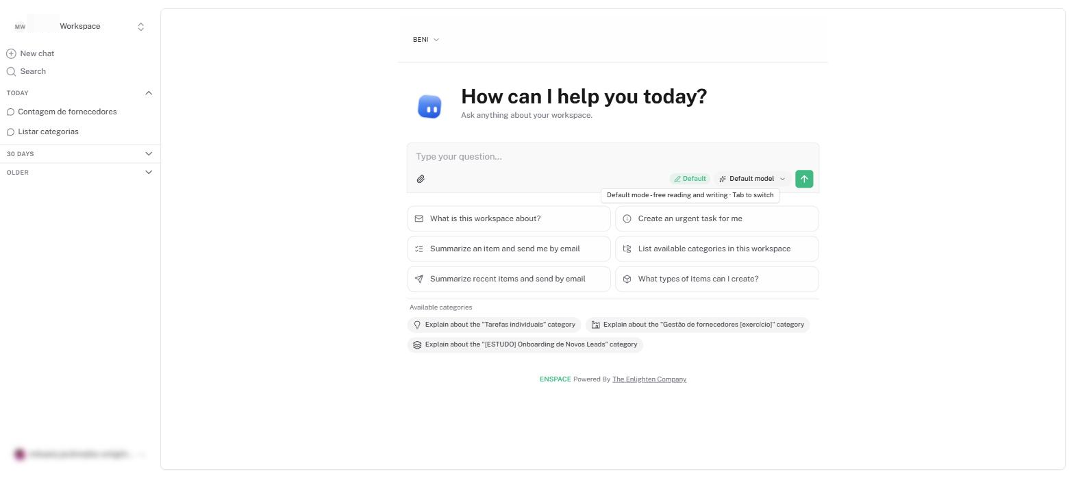 The control beside it sets the message mode. In Default, Beni queries and changes data directly; in Planning, it first presents what it intends to do. The Tab key switches between the two.