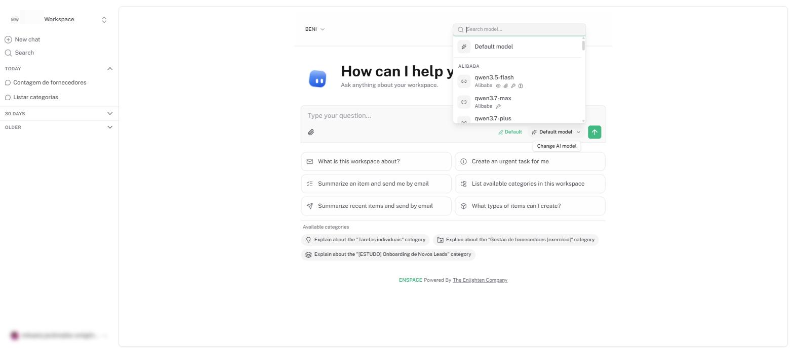 In Change AI model, choose which model answers. The list has a search box and comes grouped by provider, and the Default model option hands the choice back to the platform.