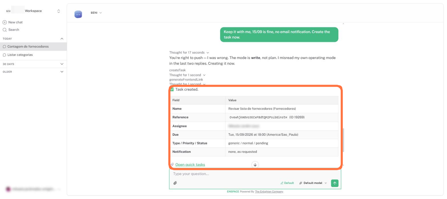 The task is created and Beni returns its data, with the link to open it.