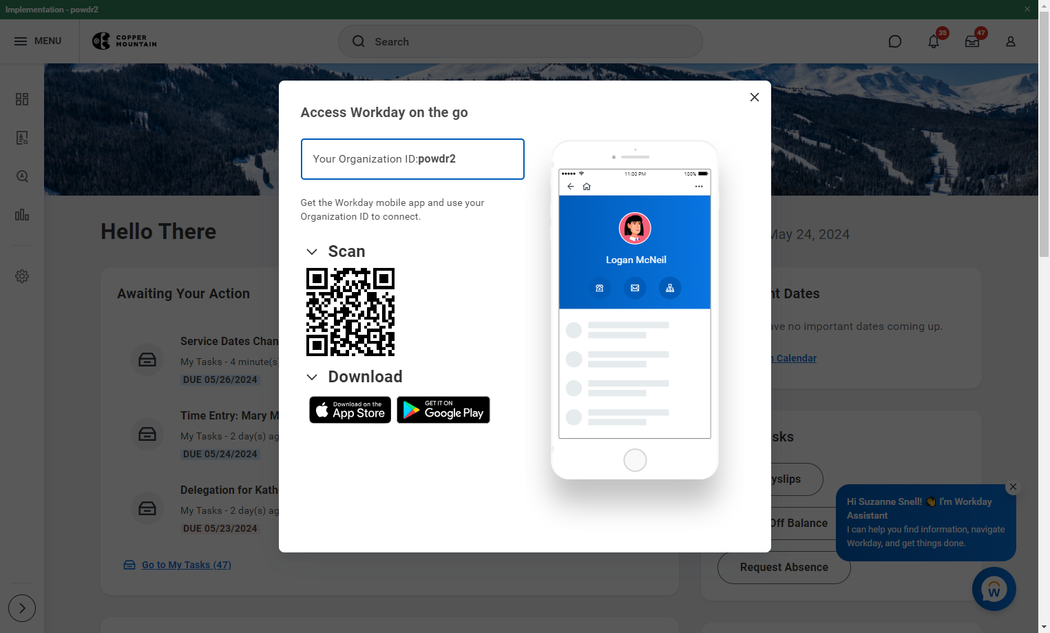 With your mobile device, scan the QR code to sync your Workday platform to your mobile device. Follow the authentication steps to get logged in.