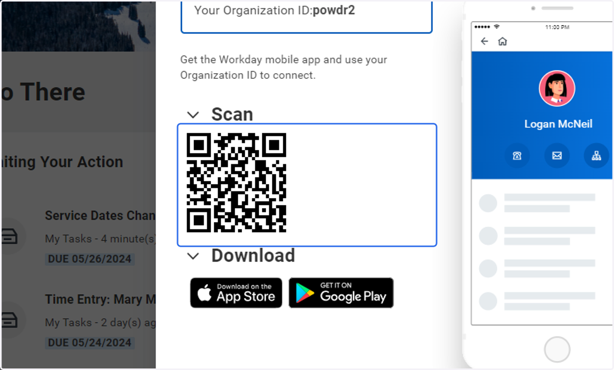 With your mobile device, scan the QR code to sync your Workday platform to your mobile device. Follow the authentication steps to get logged in.