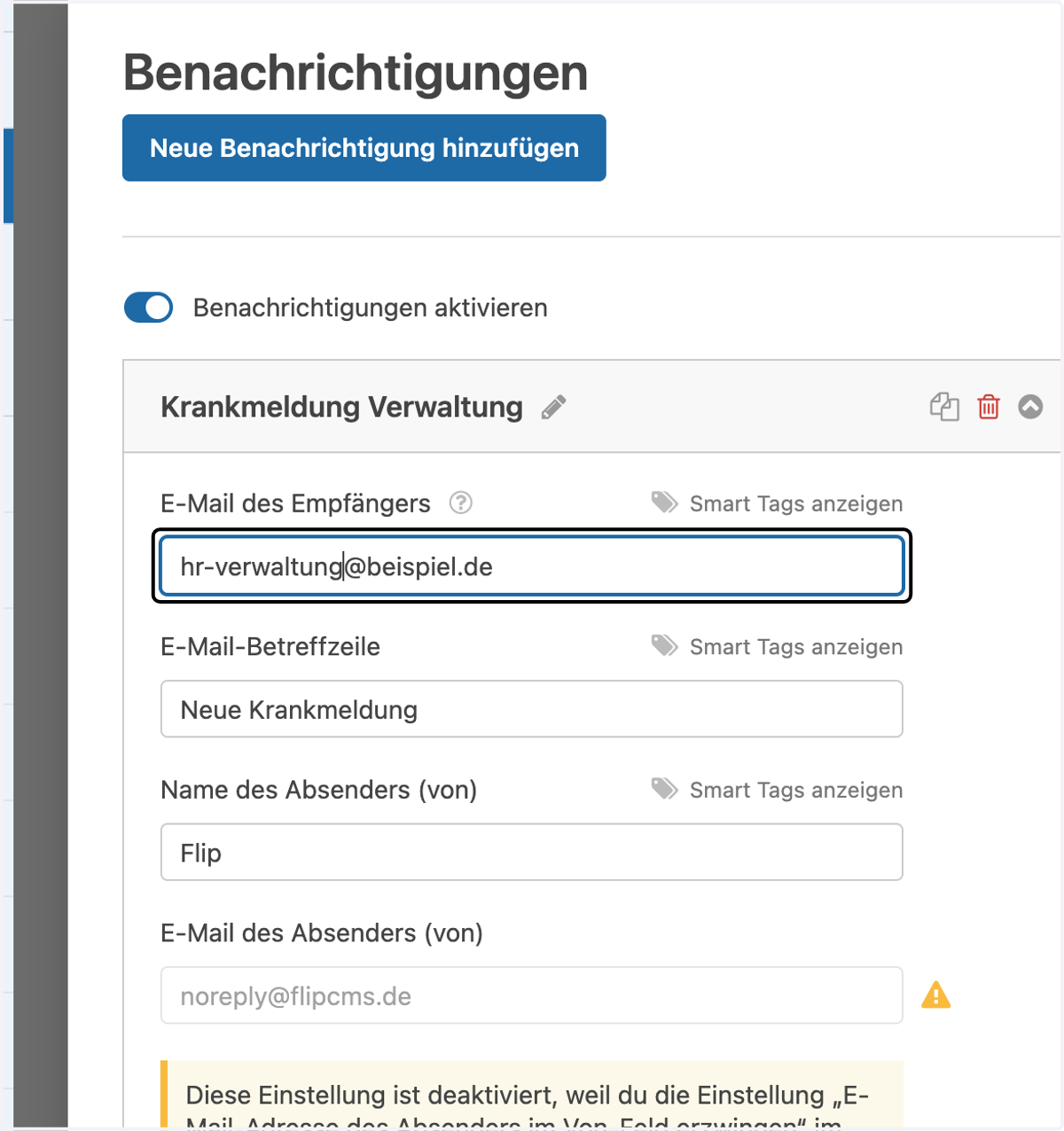 Hinterlege die E-Mail-Adresse des verantwortlichen Empfängers. (Beispiel: "hr-verwaltung@beispiel.de")