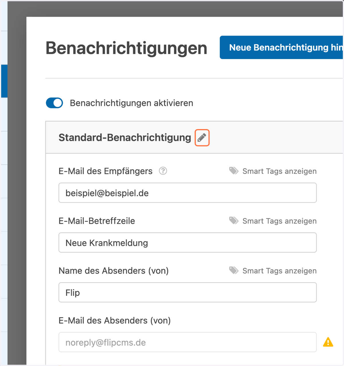 Klicke auf das Bearbeitungs-Symbol (Stift) und benenne diese Benachrichtigung zur Erkennung um (z.B. Krankmeldung Logistik)