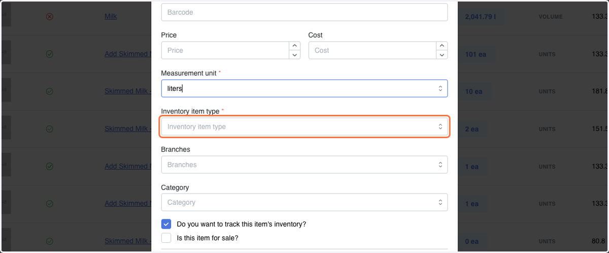 Click on Inventory item type *