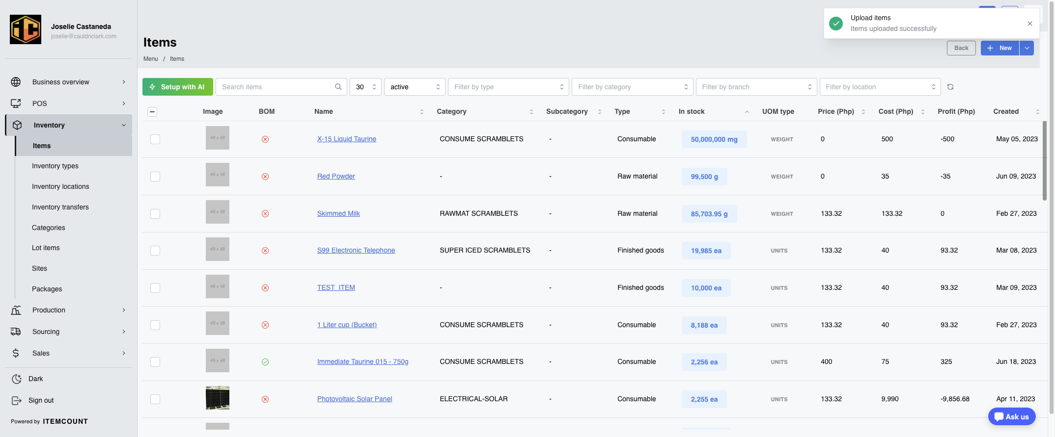 Items uploaded successfully