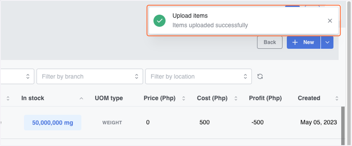 Items uploaded successfully