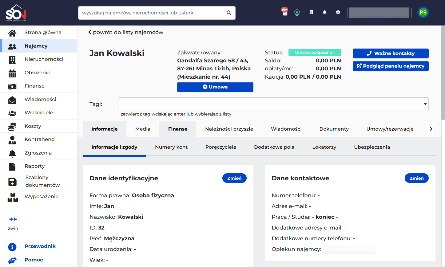 Przejdź do zakładki "Finanse" na karcie najemcy