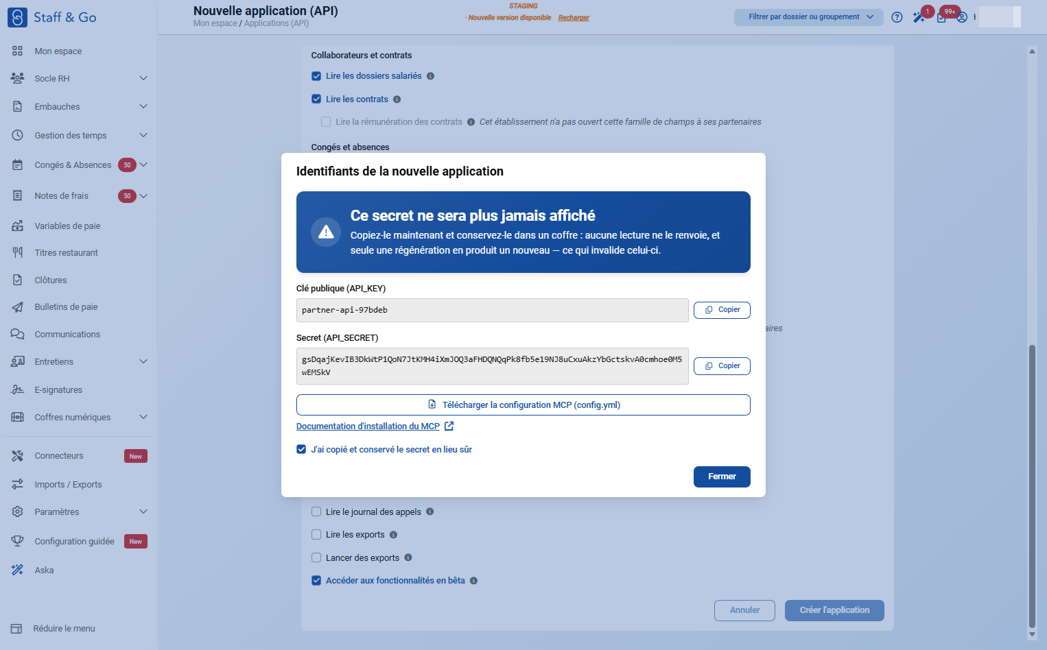 A. Cliquer sur Télécharger la configuration MCP (config.yml) B. Cocher J'ai copié et conservé le secret en lieu sûr puis Fermer