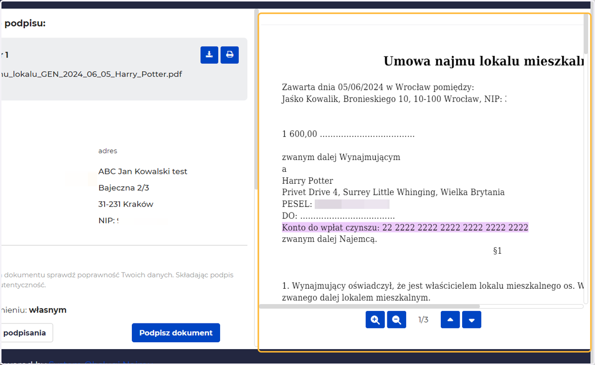Po prawej treść umowy
