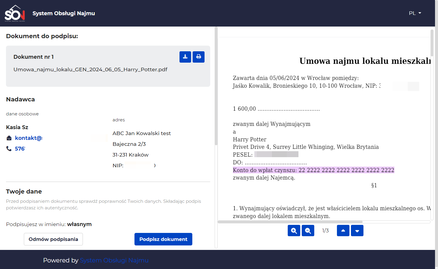Nadawca, czyli dane osoby, która wysłała dokument do podpisu (zarządca)