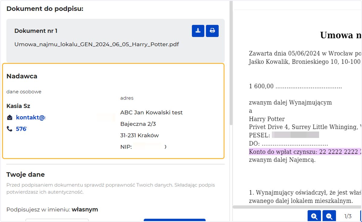 Nadawca, czyli dane osoby, która wysłała dokument do podpisu (zarządca)