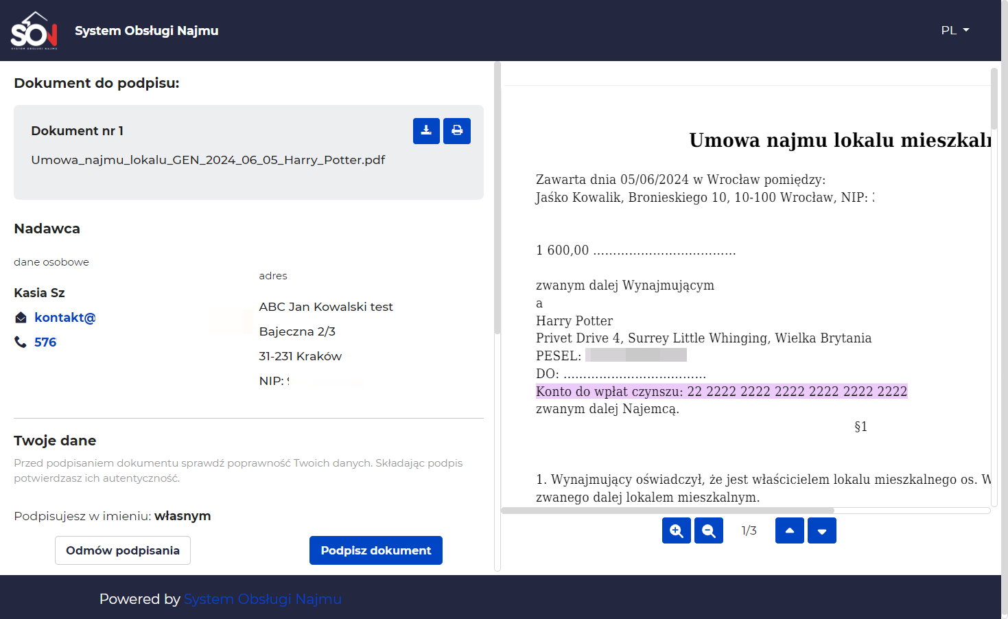 Po lewej znajdują się dane stron podpisujących dokument
