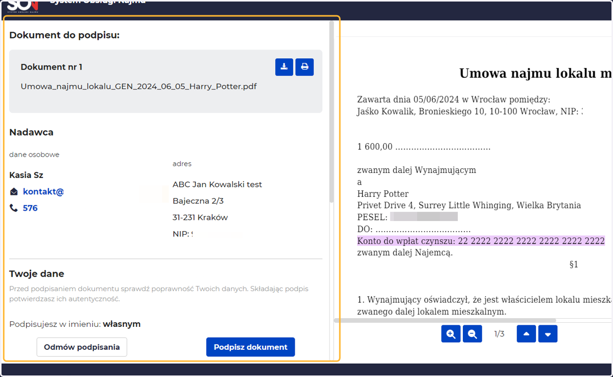 Po lewej znajdują się dane stron podpisujących dokument