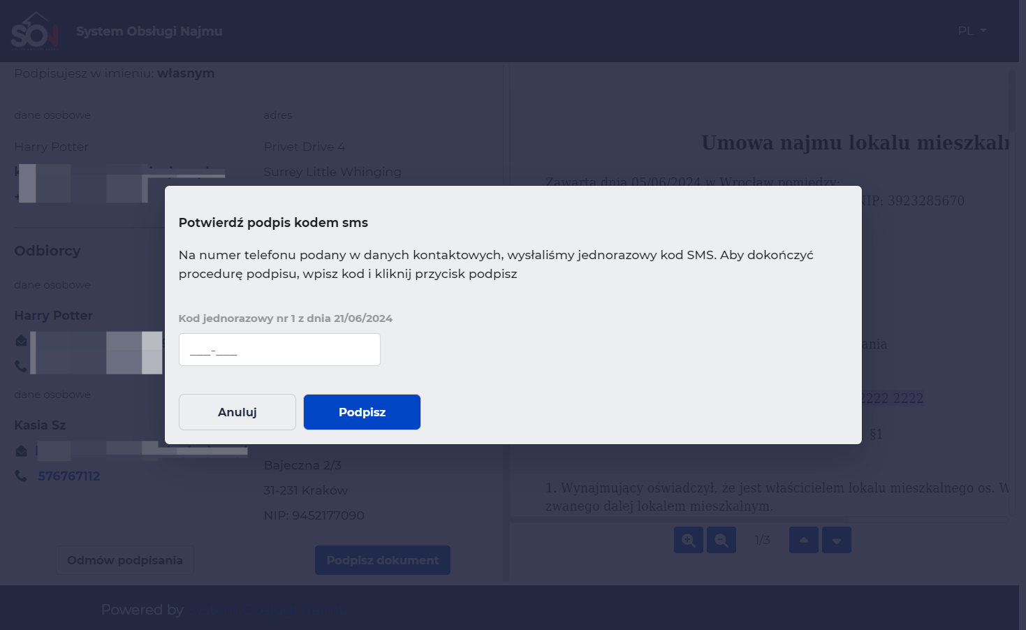 Po ty działaniu najemca otrzymuje kod SMS. Wpisuje jednorazowy kod, który przyjdzie na numer wskazany w umowie (wpisany na karcie najemcy)