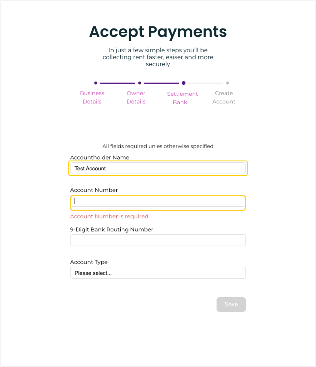 Enter your settlement bank details