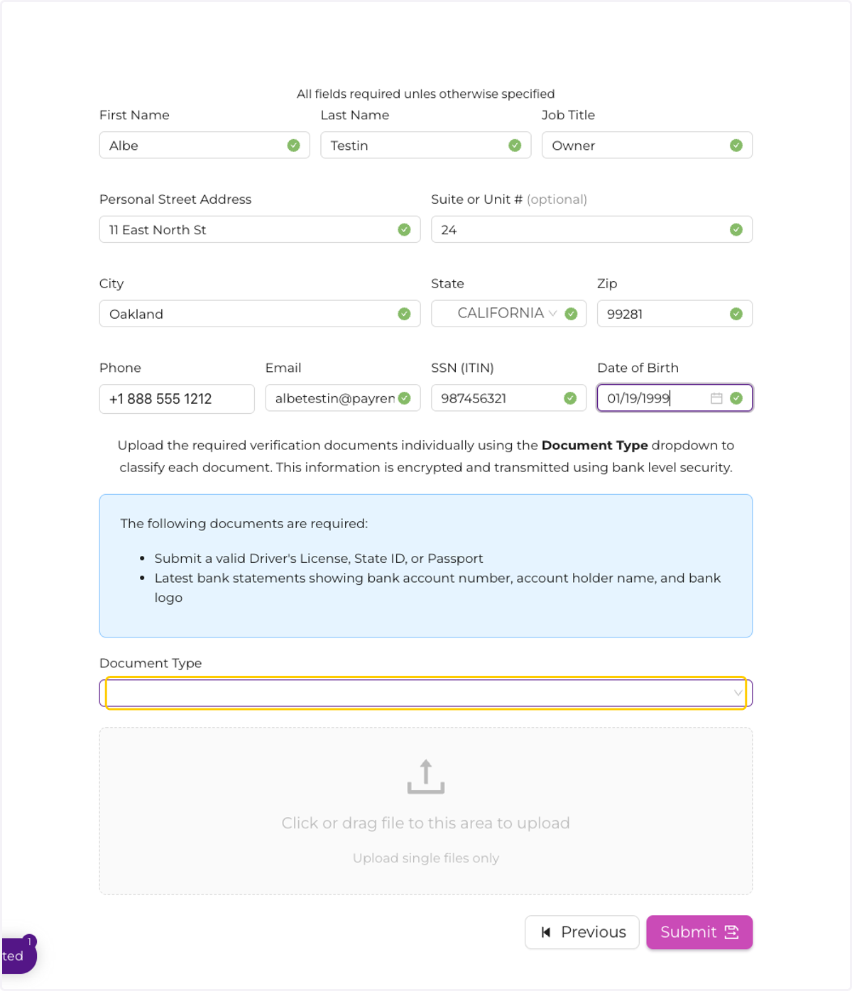 For Sole Proprietors, upload proof of identity