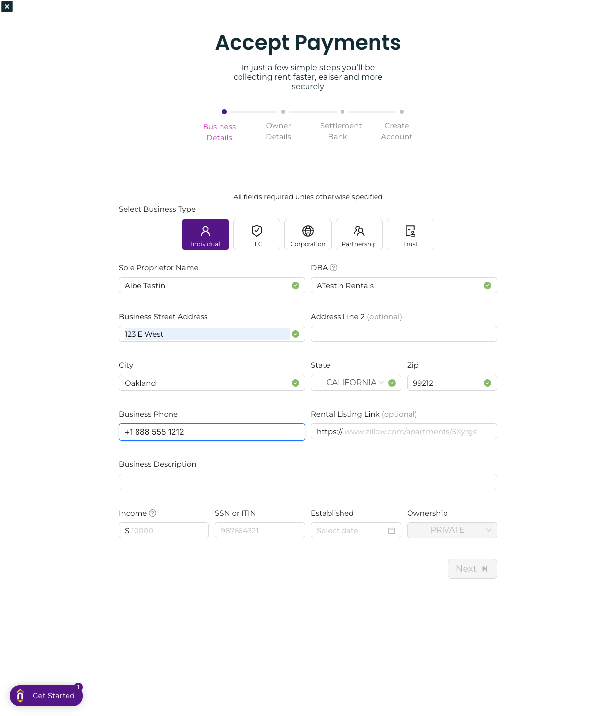 Enter a business phone number