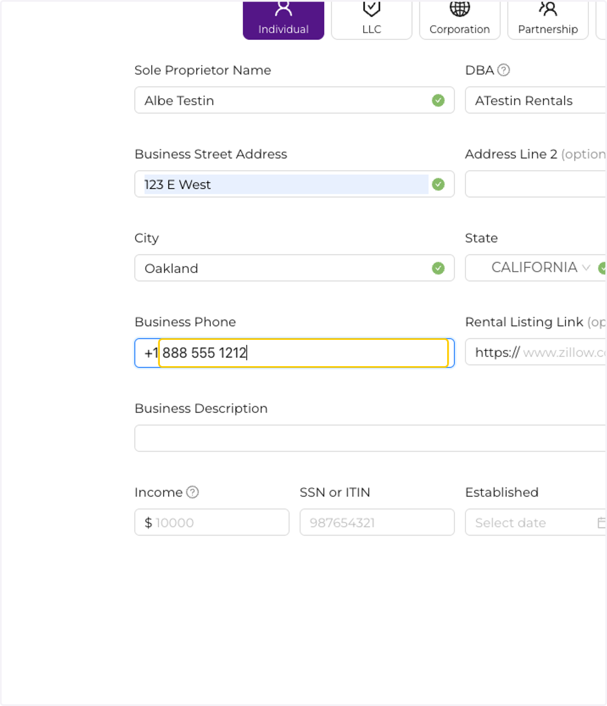 Enter a business phone number