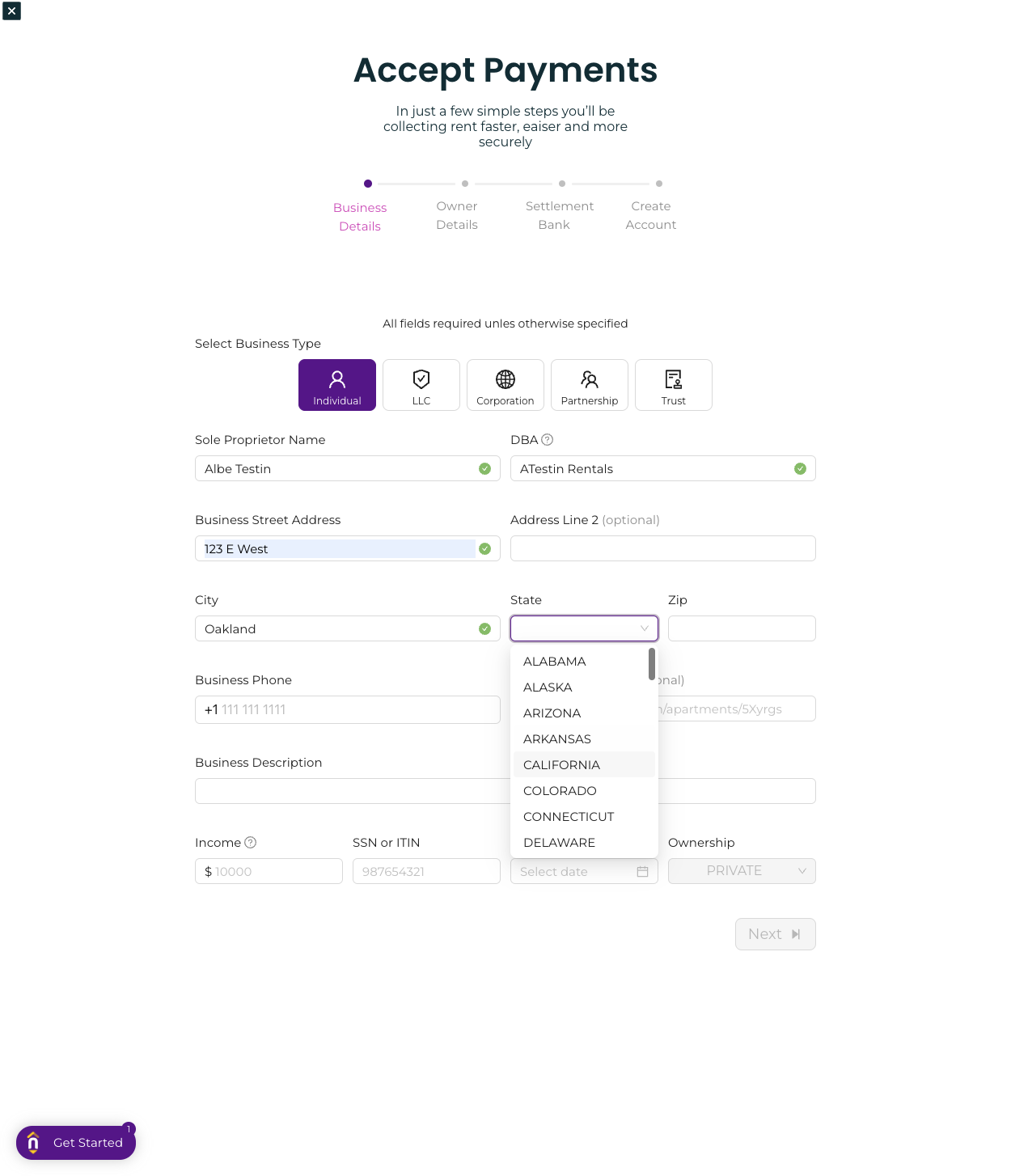 Select your business state from the picklist