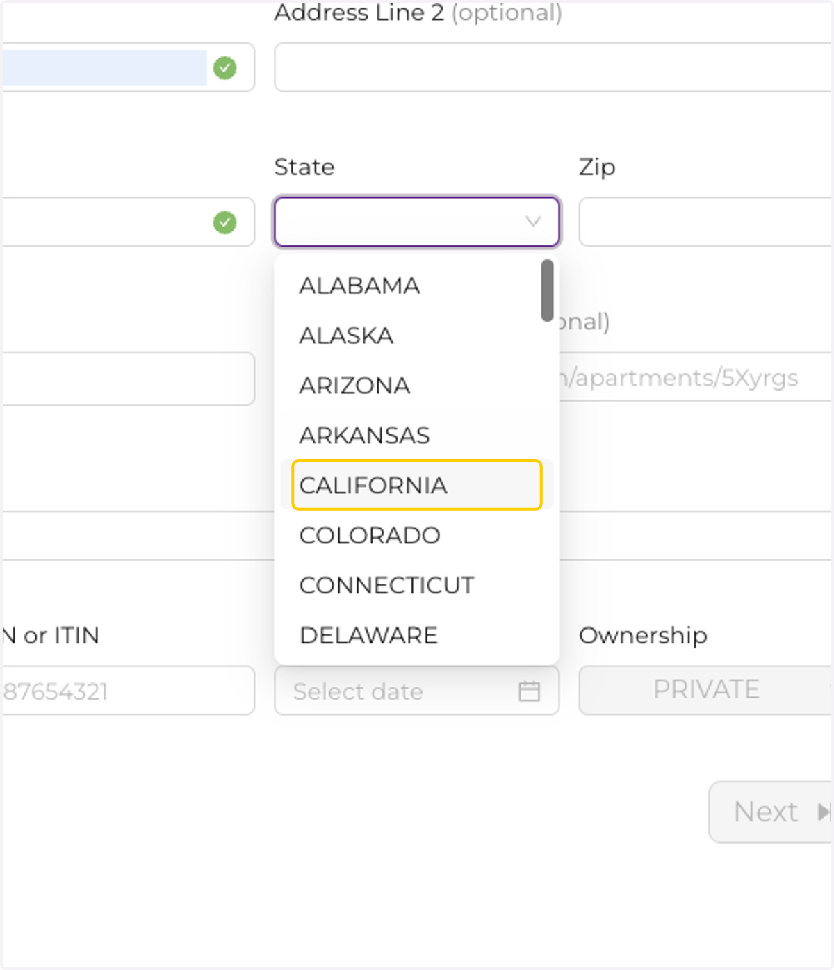 Select your business state from the picklist