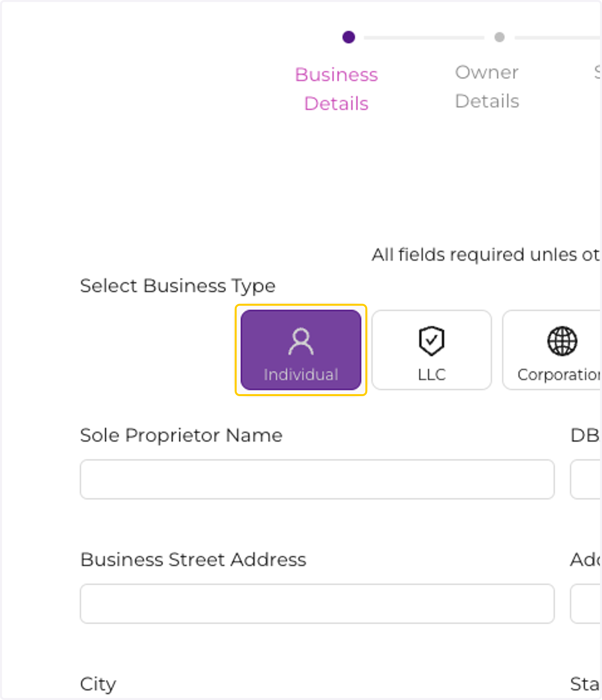 Select Business Type