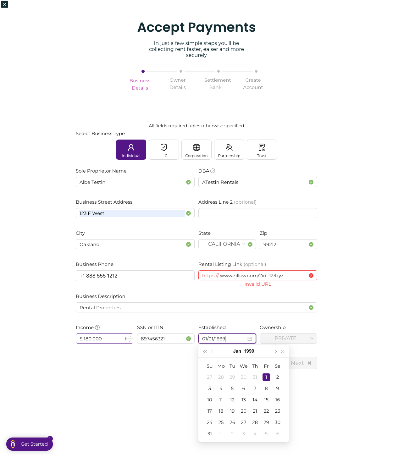 Enter the date when your business started