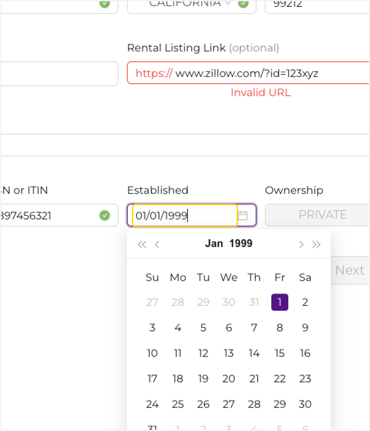 Enter the date when your business started