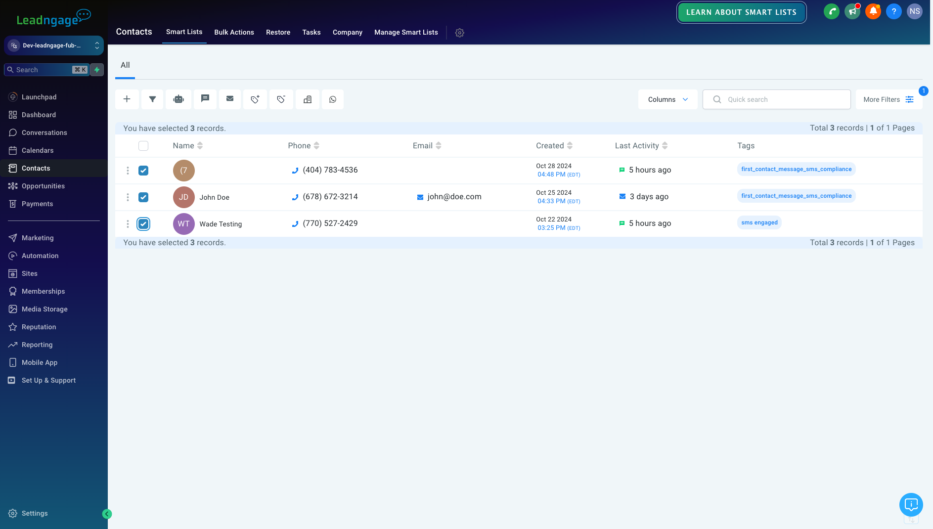Check All the users you want to send a bulk sms to