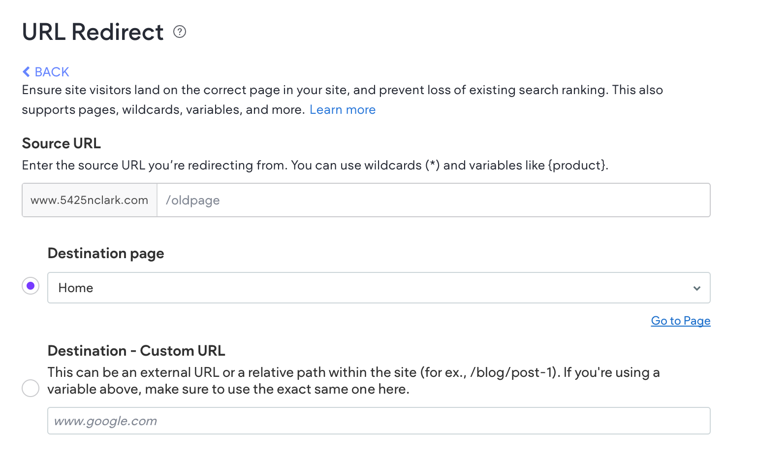 Type in the URL of the page you need to redirect from