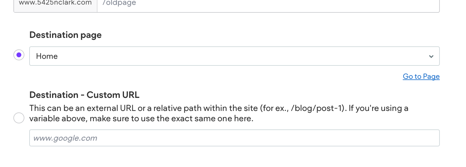 Next, select the destination page for the redirect