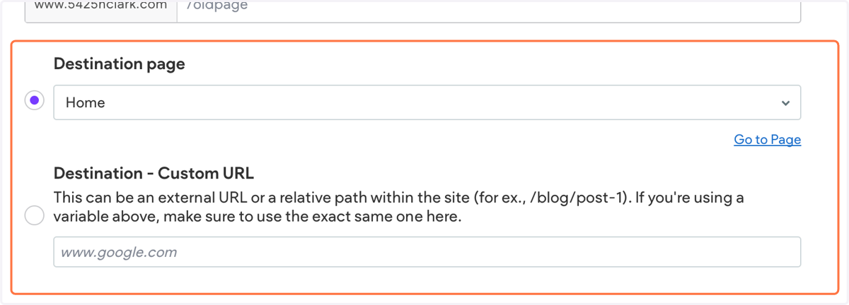 Next, select the destination page for the redirect