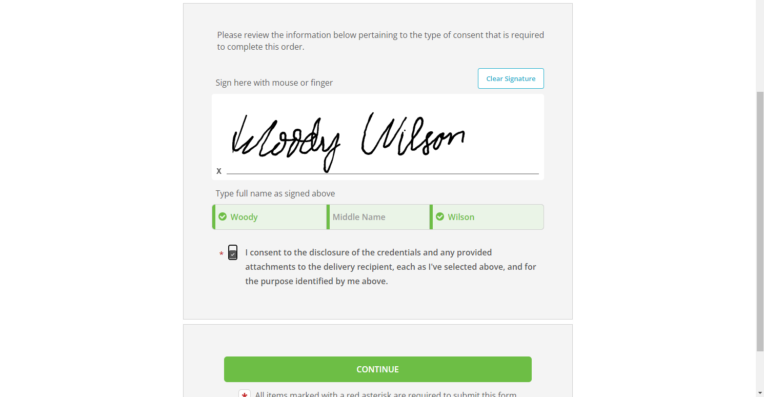 Continue down the page. Sign your name and click on the check box for consent.