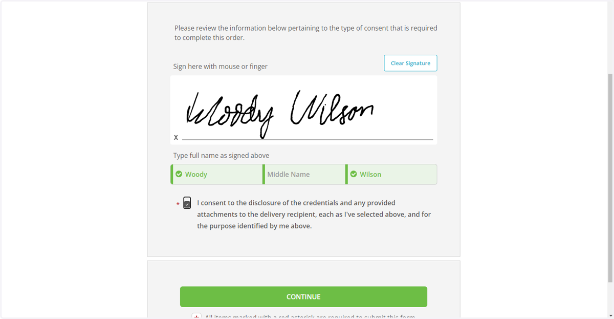 Continue down the page. Sign your name and click on the check box for consent.