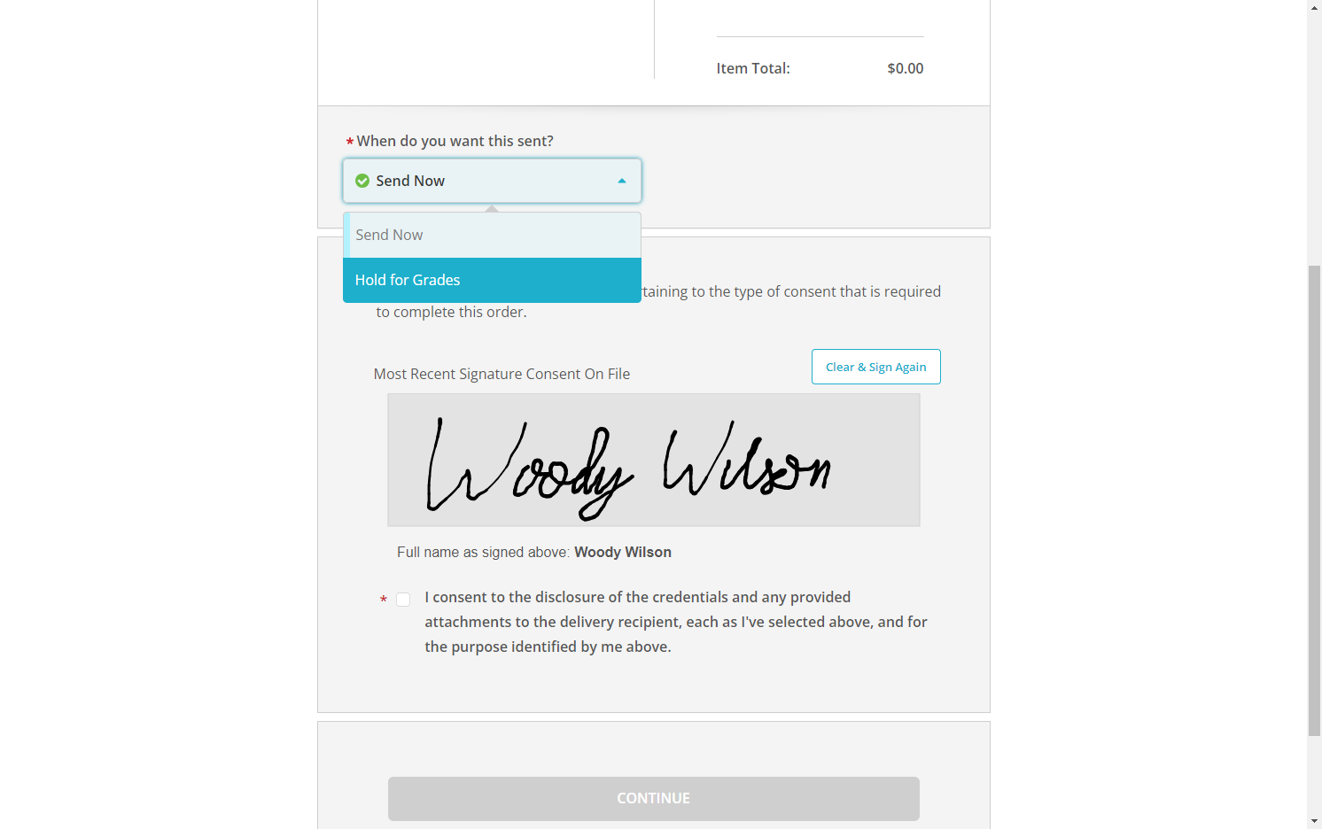 On this page, scroll down to the question, "When do you want this sent?". If you are sending transcripts BEFORE Senior Spring final grades are submitted, click on "Hold for Grades." If you are sending it AFTER Senior Spring final grades are submitted