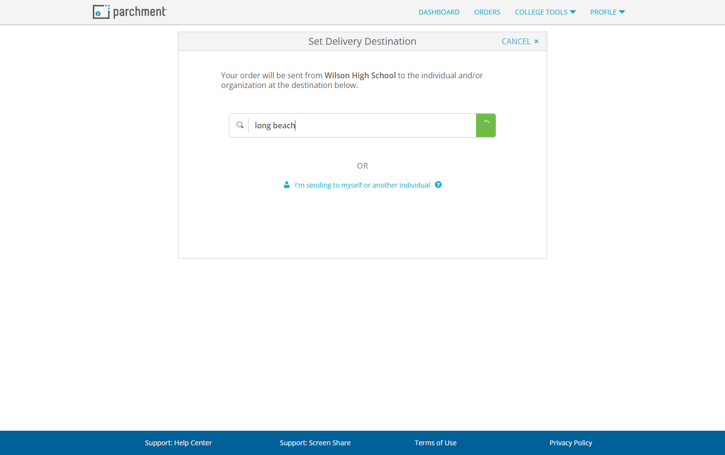 Type in the name of the University that you want the transcripts sent to