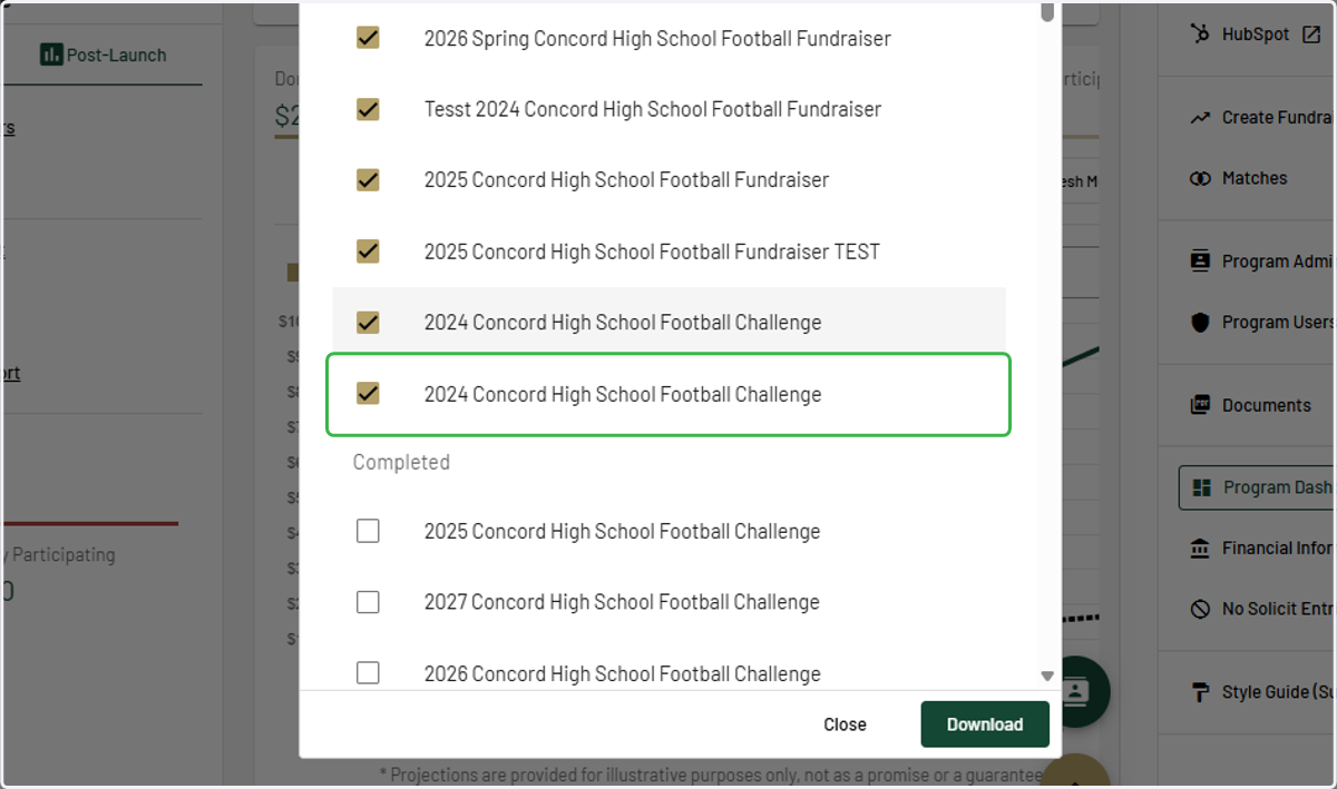 Select any/all fundraiser donor reports you'd like to download
