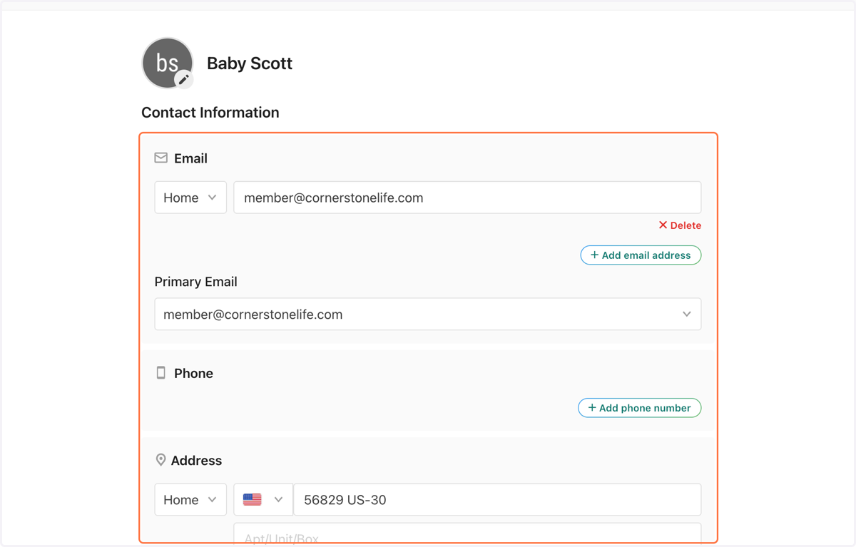 Edit their "Contact Information", filling out what is applicable. If they are too young to have some of the following information (ex: email, phone number, etc.), you can leave them blank.