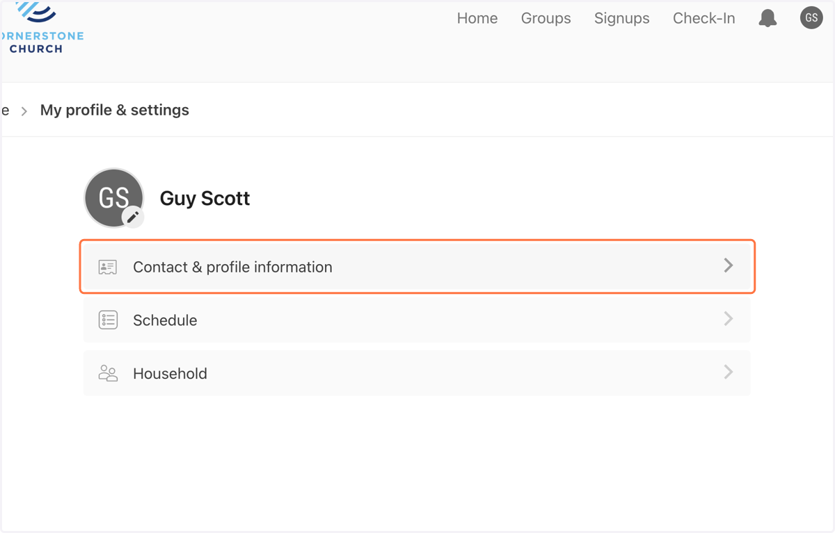 Click on "Contact & profile information". This is where you will update your phone number, email address, and mailing address.