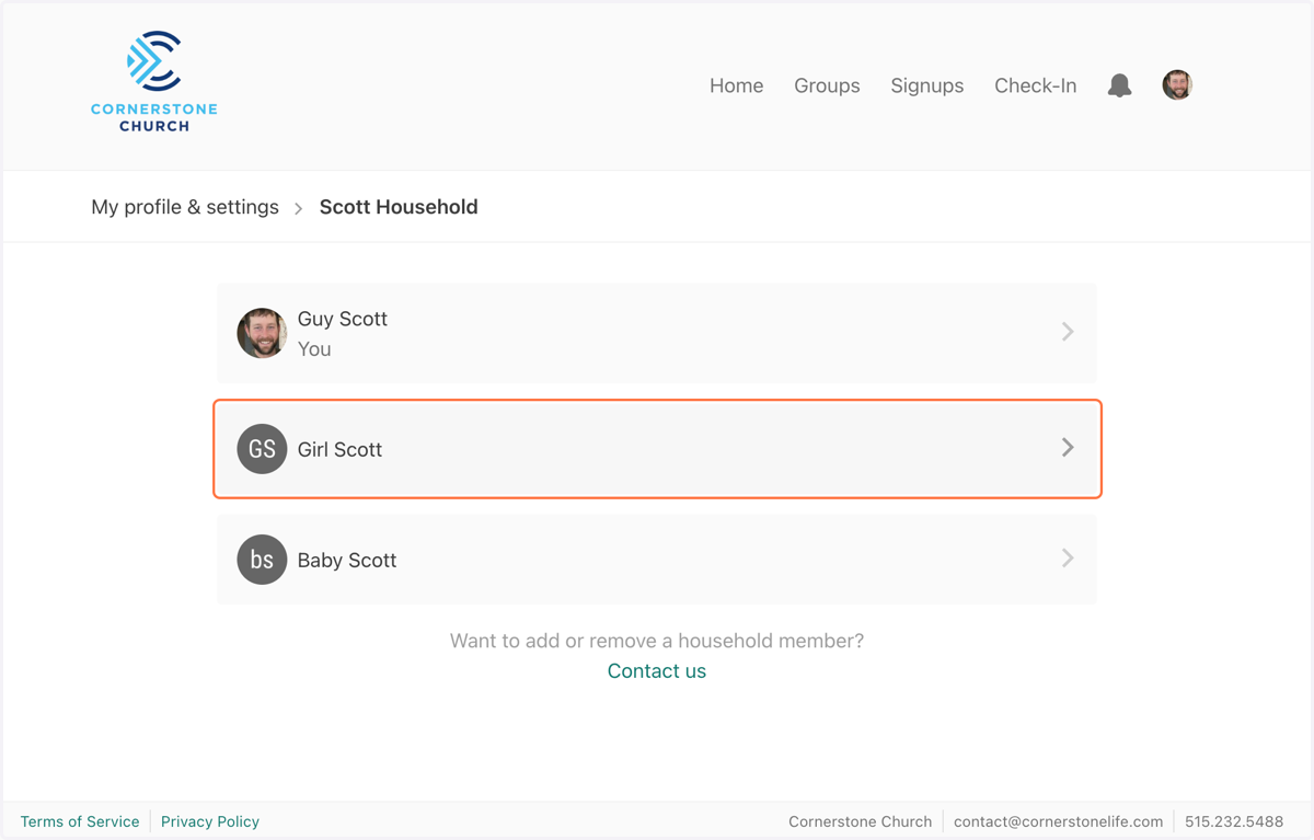 Click on the next person in your household. Go through the same steps as before, editing and updating their email address and phone number as needed.