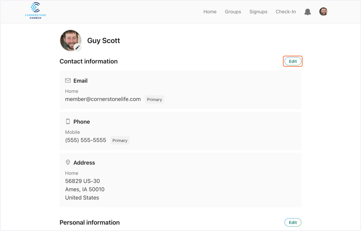 If you need to add, edit, or delete an email address, phone number, or mailing address, first click on "Edit". Then, you can click on the corresponding buttons to add, edit, or delete any of that information.