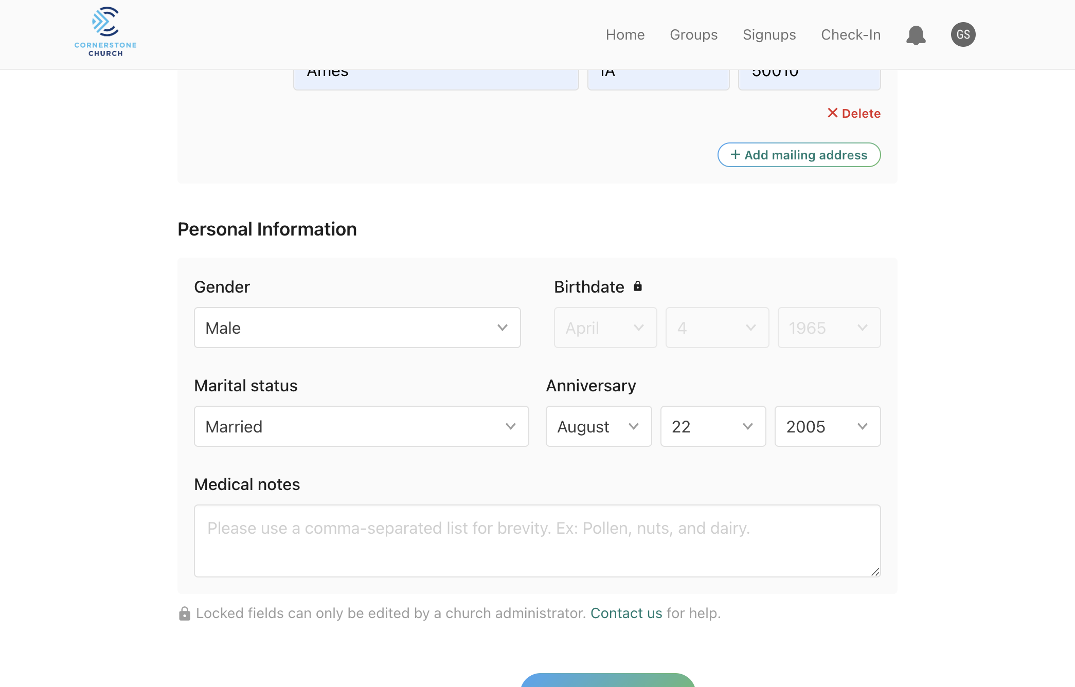 Scroll down to "Personal Information". Click on the available boxes to edit and add as needed to ensure everything is updated. Medical notes are not necessary, unless you feel like it would be important for the church staff to know.