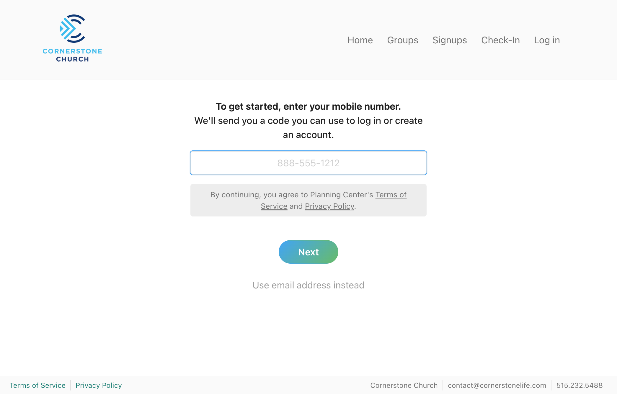 Login to your account. You can either type in your phone number or click the button below to use your email address instead to login. Then click "Next".