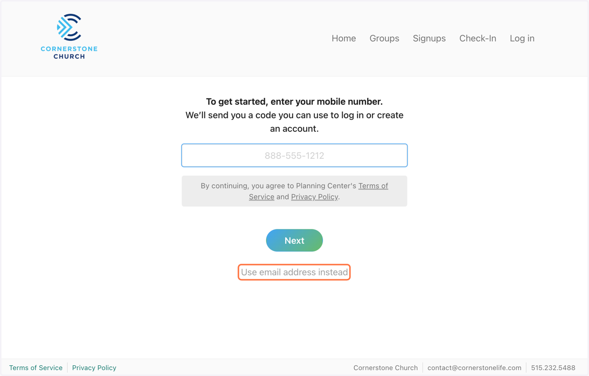 Login to your account. You can either type in your phone number or click the button below to use your email address instead to login. Then click "Next".