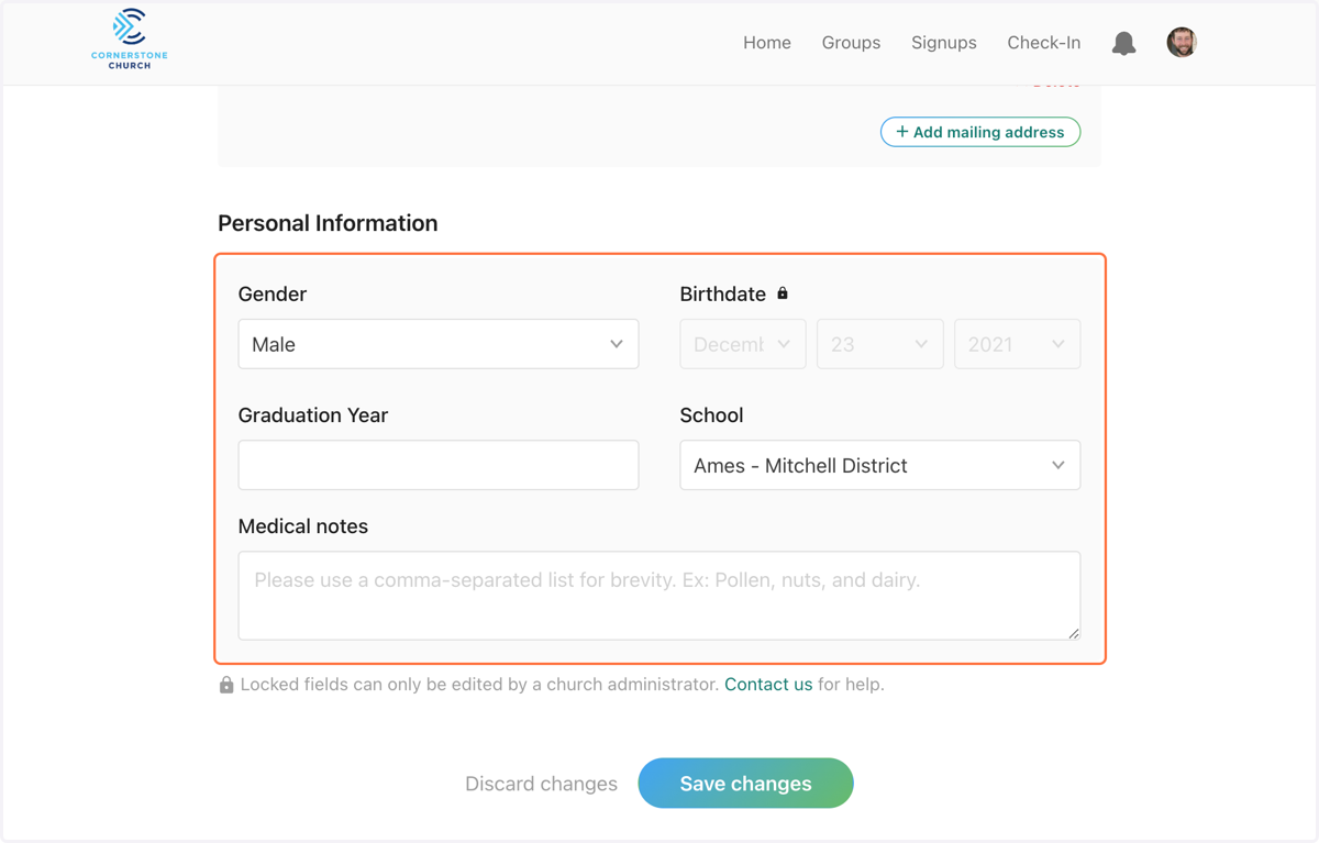 Complete the "Personal Information" section. Be sure to select the correct school district they live in. Also notice that once you update the birthdate, the only way to change it is to contact a church admin to change it for you.