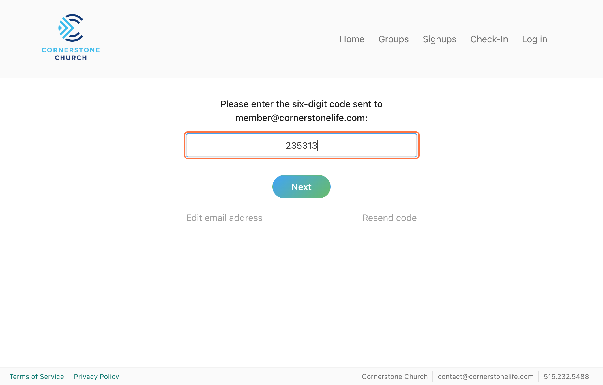 Type in the verification code that was sent either to your phone number or email address. Then click "Next".