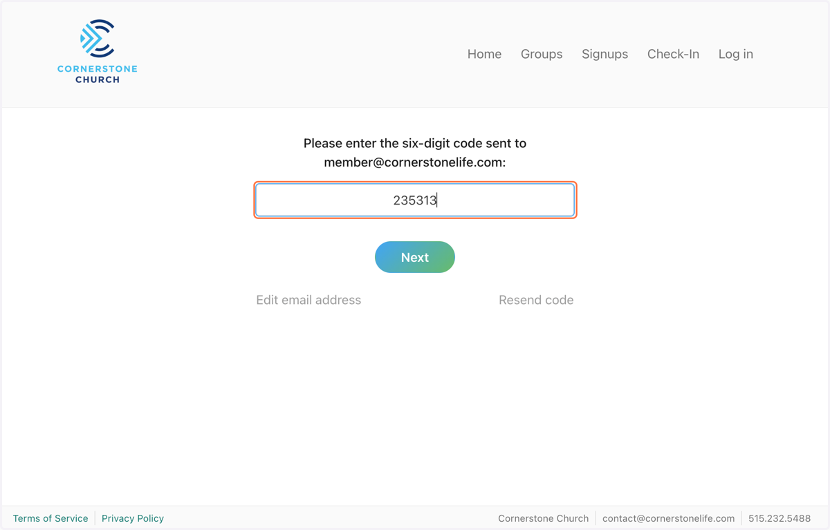 Type in the verification code that was sent either to your phone number or email address. Then click "Next".