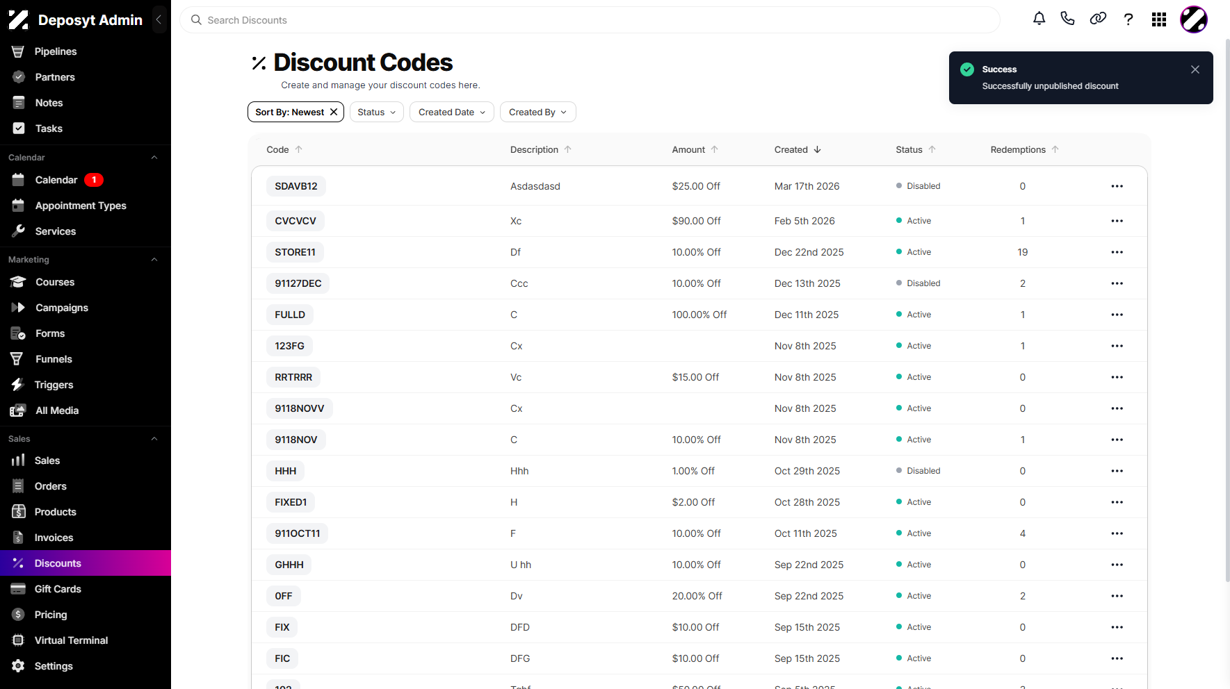 Step 5: A pop-up window will appear, confirming that the discount has been unpublished successfully.