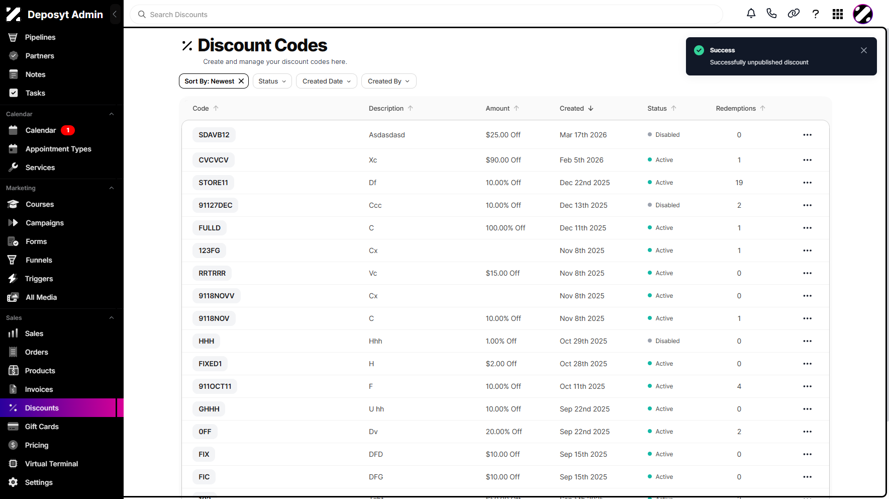 Step 5: A pop-up window will appear, confirming that the discount has been unpublished successfully.